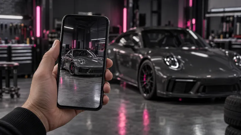 Smartphone tenu à la verticale qui filme un coupé gris dans un atelier éclairé de rose